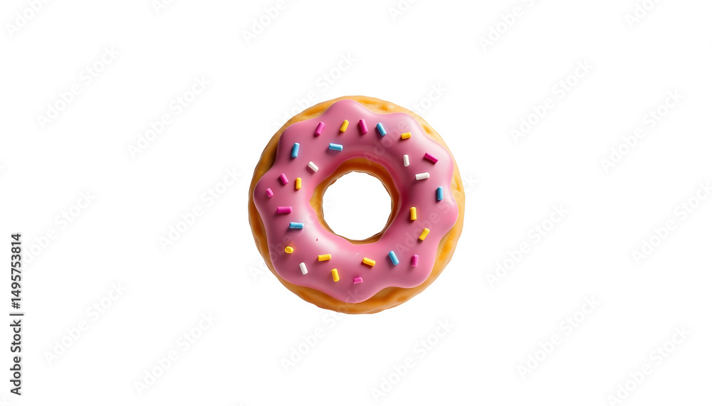 Obraz premium Pink Donut with Sprinkles Floating on a White Background