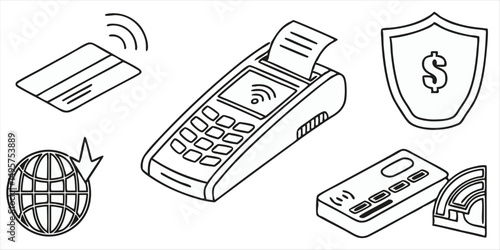 Online contactless payment and security vector icons, secure financial transactions illustrations