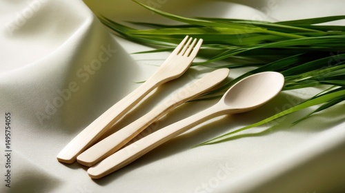 Sustainable Bamboo Cutlery Set with Greenery. Eco-Friendly Tableware.