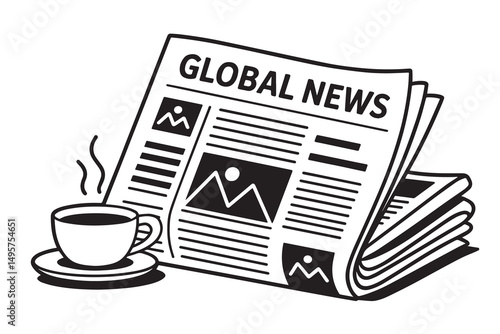 Global News Newspaper and Coffee Cup Reading Illustration