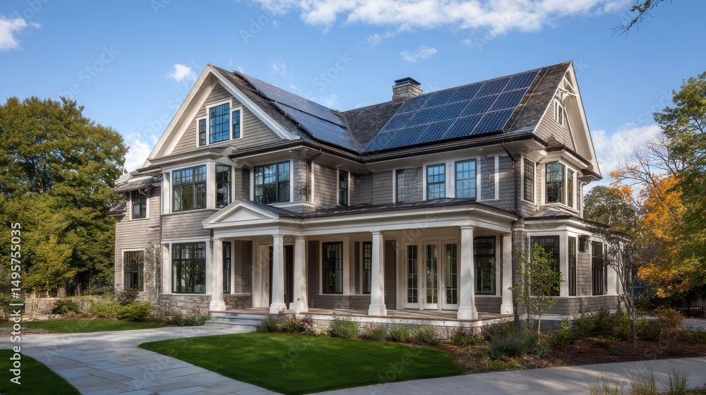A stunning image of colonial-Style Residence in Boston with Modern Solar Panels, Gabled Roof, White Columns, Sustainable Energy, Solar Power for Clean Energy, Eco-Friendly. A stunning image of colonial-Style Residence in Boston with Modern Solar Panels, Gabled Roof, White Columns, Sustainable Energy, Solar Power for Clean Energy, Eco-Friendly.