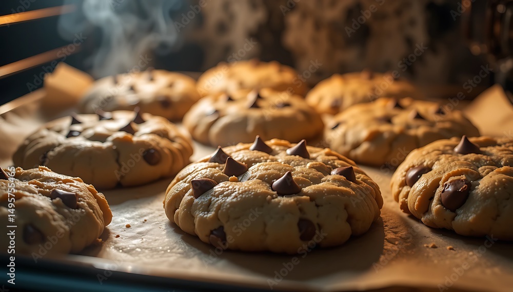 Freshly baked chocolate chip cookies cooling after oven, a warm and delicious treat Freshly baked chocolate chip cookies cooling after oven, a warm and delicious treat