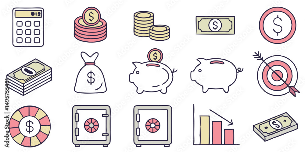 Fototapeta premium Financial and economic icons, money saving and wealth vector design