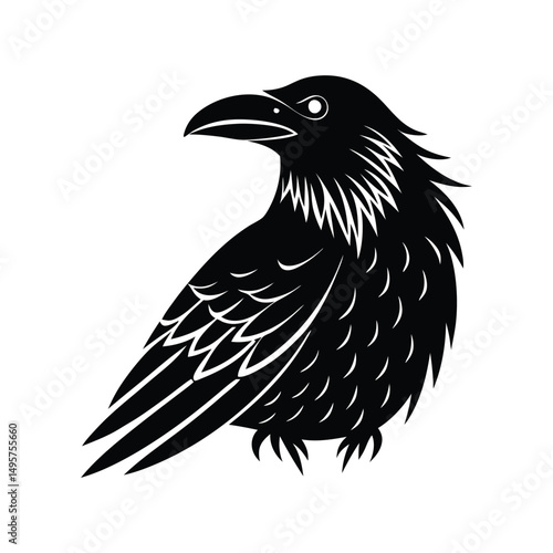 A stylized black raven perched on the ground with detailed feathering design, eagle or crow vector