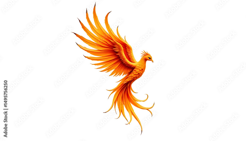 Fototapeta premium Vibrant Phoenix Soaring with Spiraling Feathers on White Background