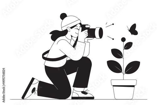 Illustration of Photographer Taking Photo of Plant and Butterfly