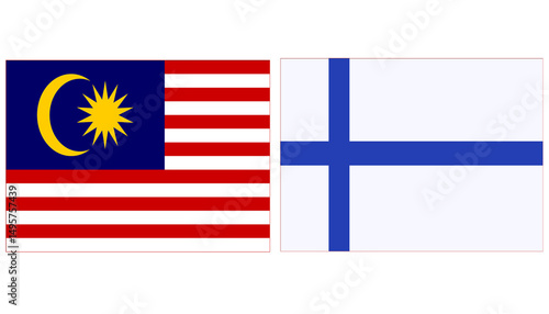 Photography Malaysia Official flag with Finland national flag, both countries flags are in Horizontal shape and isolated on white background, Rectangular colorful design Flag with together