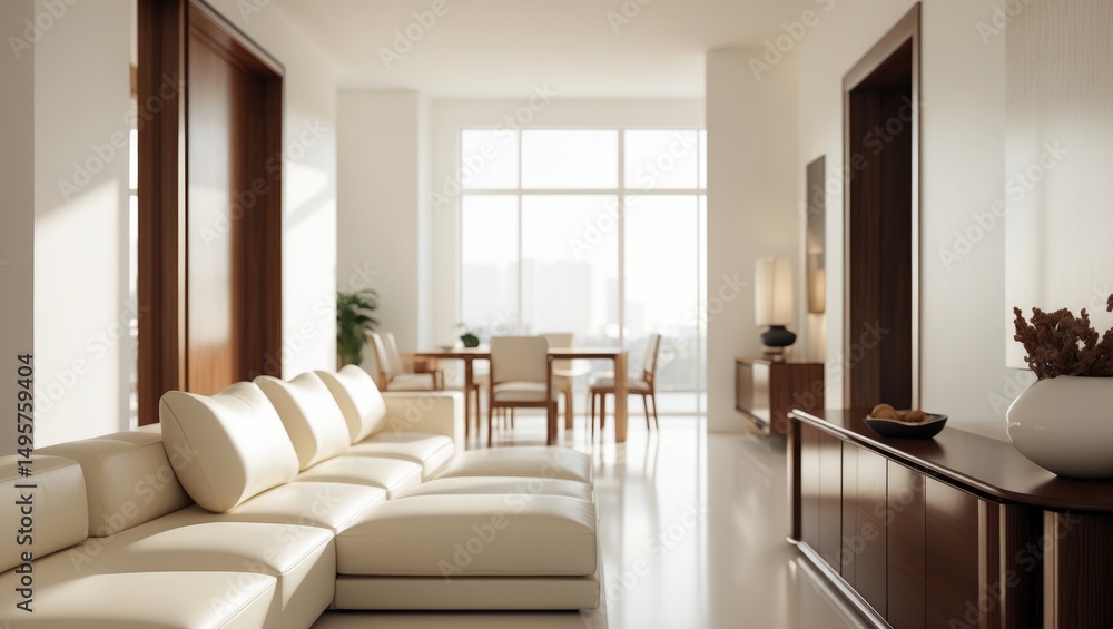 Fototapeta premium Side perspective of minimalist style living room featuring a couch and wooden sideboard. Home decor. Modern furnishings in a well-lit apartment.