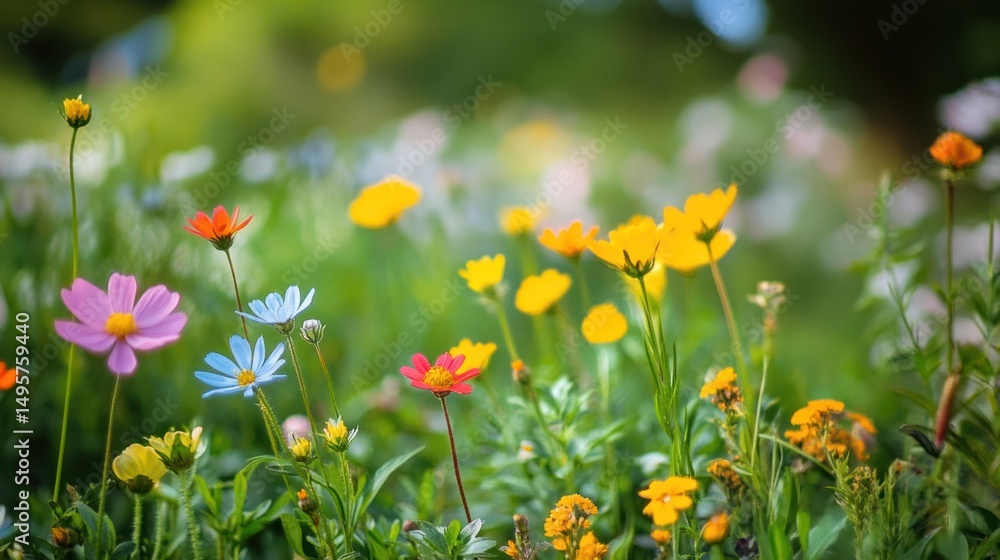 Serene meadow vista showcasing a vivid array of wildflowers in soft focus