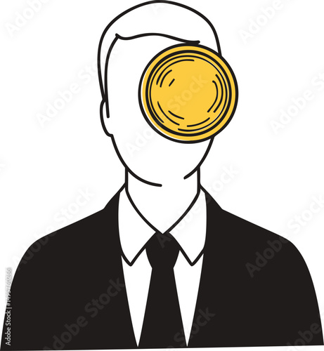 Headless man in suit with a yellow coin face, minimalist illustration. Vector illustration