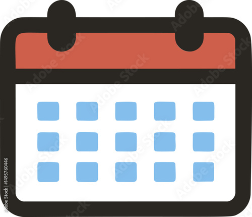 Simple calendar icon with red top and blue squares indicating days. Vector illustration