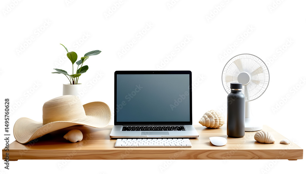 Fototapeta premium Modern Beachside Tech Workspace with Sunhat and Hydration Flask