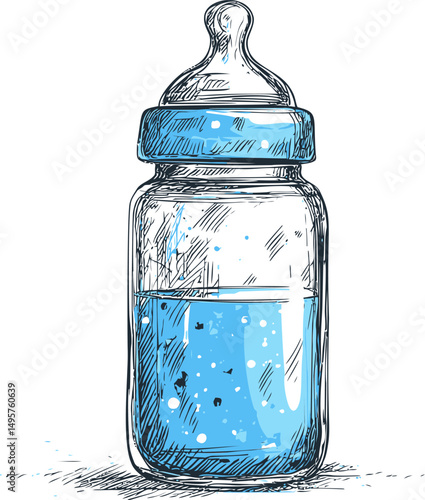 Sketch of a blue baby bottle with white speckles, artistic illustration. Vector illustration