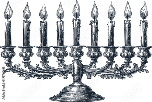 Illustration of a vintage menorah with nine lit candles for hanukkah celebration. Vector illustration