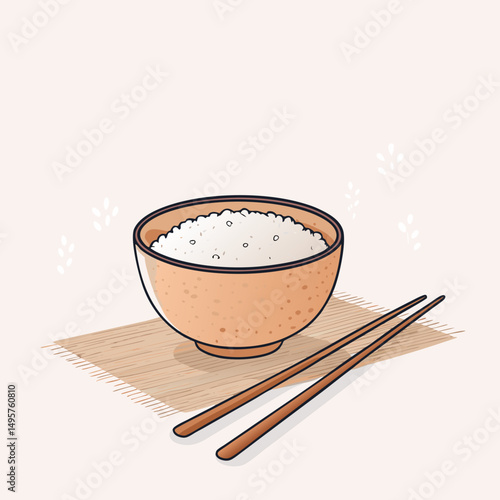 Bowl of cooked rice with chopsticks on a bamboo mat, simple and traditional, on a light background.