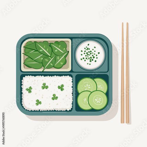 Healthy meal box with rice, cucumbers, lettuce, and sauce, balanced and nutritious, on a light background.