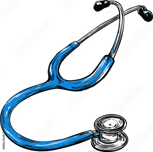 Blue stethoscope illustration with black accents. Vector illustration
