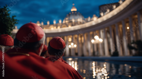 Cardinals watching white smoke from chimney in Vatican courtyard