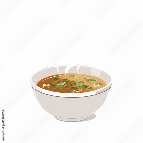 Bowl of soup with herbs and noodles, warm and comforting, on a white background.