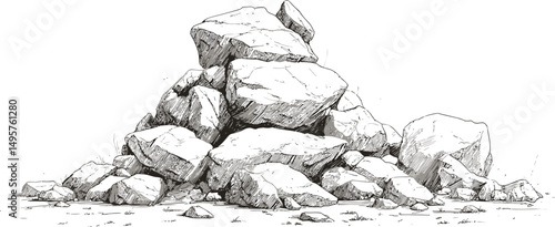 Black and white sketch of a rock pile with detailed shading, concept art style. Vector illustration