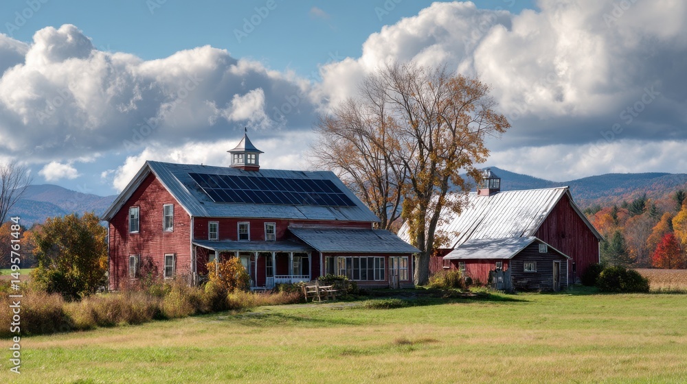 Fototapeta premium A stunning image of historic Vermont Farmhouse and Red Barn with Solar Panels, Rural Renewable Energy, Clean Power in Countryside Setting, Sustainable Resources, Solar.