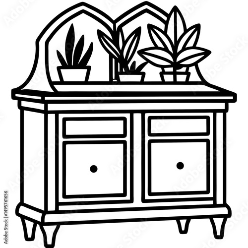 Vintage Record Cabinet with Plants – Vector Illustration