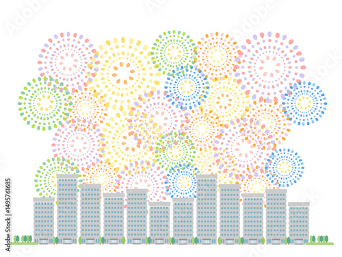 花火  マンション  高層ビル  街並み  建物  イラスト
