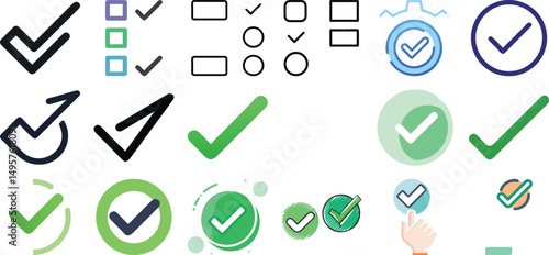 Green check mark and red cross mark in circle. Vector illustration. Isolated on white background, Set of black check marks and crosses icon collection. Vector Illustration.
