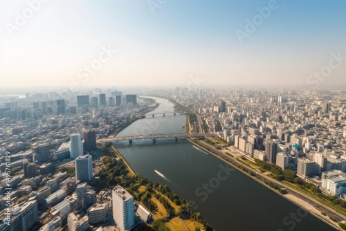 Urban Harmony Cityscape with River and Greenery from Above