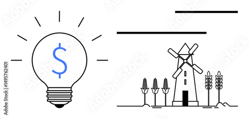 Light bulb with dollar sign symbolizing innovation and financial growth alongside a windmill and crops, promoting sustainability, green energy, and agriculture. Ideal for sustainability, finances