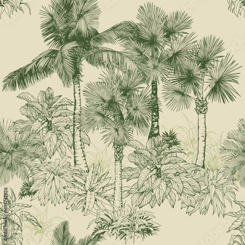 Seamless pattern with palm trees and tropical plants. Toile de Jouy style. Hand drawn vector illustration.