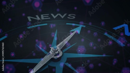 Light beam sweeping digital compass, purple hex icons drifting, needle rotating to highlight NEWS