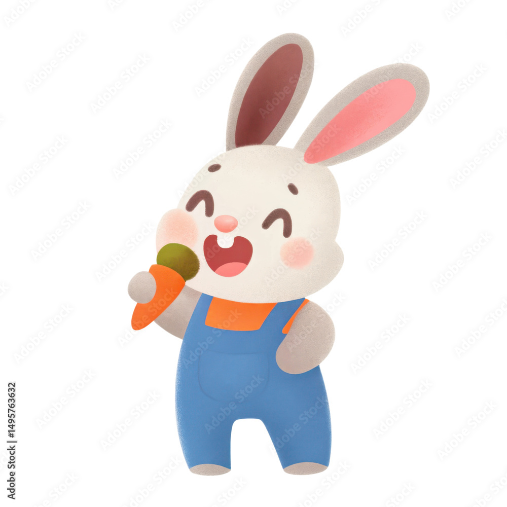 Obraz premium A cute cartoon bunny wearing blue overalls, smiling and holding a carrot.