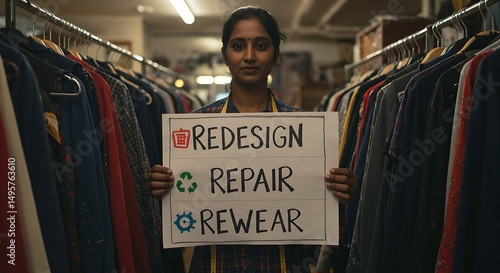 Tailor Holding Redesign Repair Rewear Sign in Front of Rack of Mended Vintage Clothes Circular Fashion Concept Generative AI

