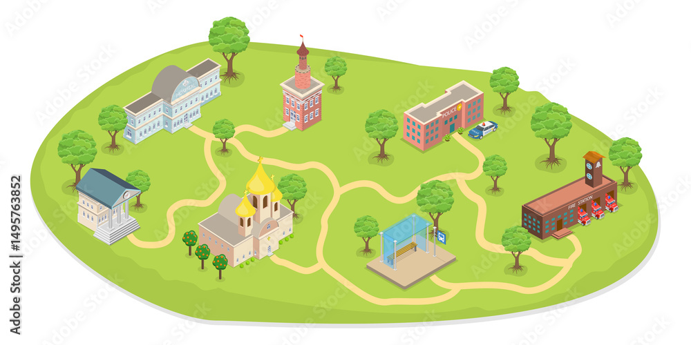 Obraz premium 3D Isometric Flat Illustration of City Administrative Buildings, Public Institutions