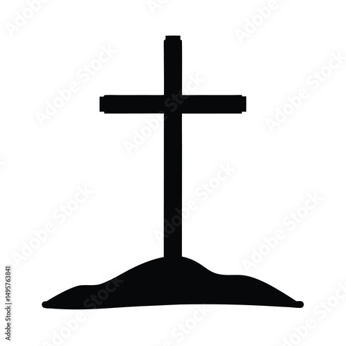Simple Black Silhouette Depicting a Christian Cross Standing on a Small Hill