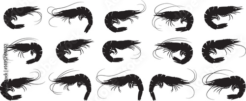 Black shrimp silhouette pattern seafood design vector graphic illustration culinary art print for kitchen decor