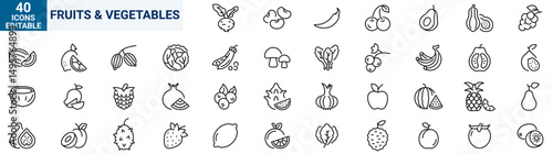 Fruits and Vegetables web line icons. Vegetables and berries. Editable stroke. Vector illustration
