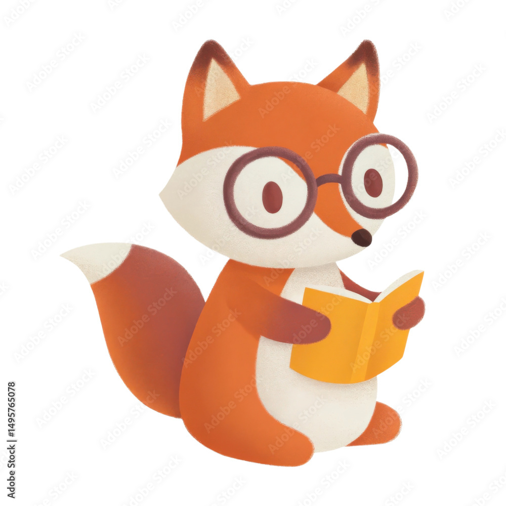 Fototapeta premium A cute cartoon fox wearing glasses is holding an open book.