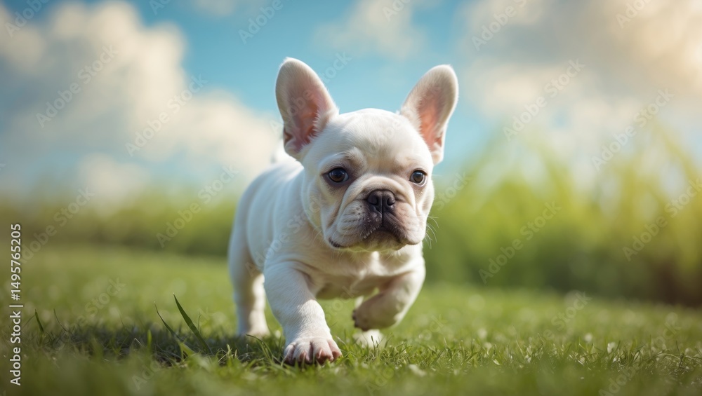 Fototapeta premium White-colored French Bulldog puppy meandering in a grassy area.