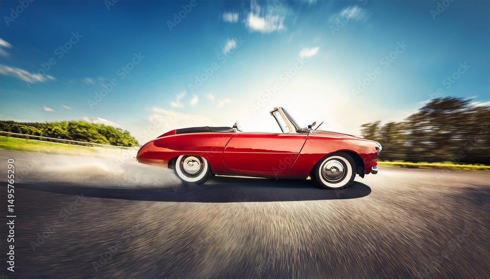 Naklejka premium vintage red convertible car speeding tire in the air dynamic action