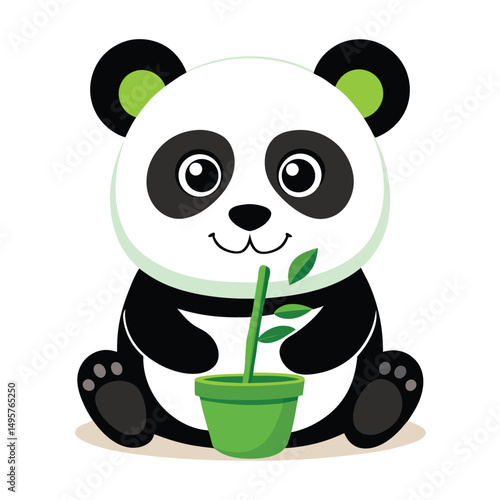 A cute baby panda with bright green eyes sits holding a stalk of bamboo in a green and white pot with white background