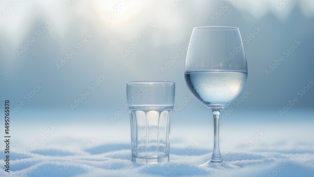 Obraz premium A winter setting showcasing a glass of water alongside a glass on a pale background.