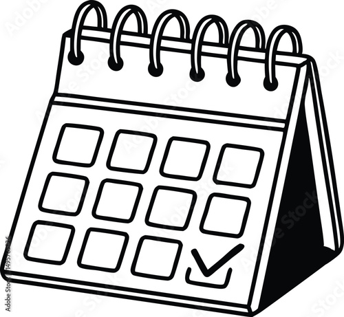 Black and White Desk Calendar Icon with Check Mark. 