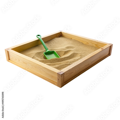 A wooden sandbox filled with sand and a green plastic shovel placed inside.