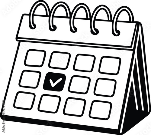 Black and White Desk Calendar Icon with Check Mark. 