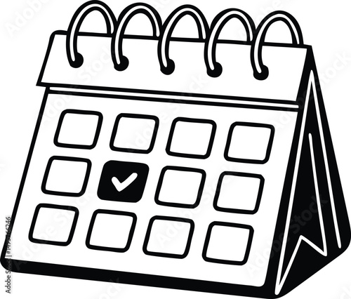 Black and White Desk Calendar Icon with Check Mark. 