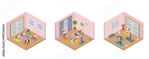 3D Isometric Flat  Illustration of Yoga Exercising, Healthy Lifestyle