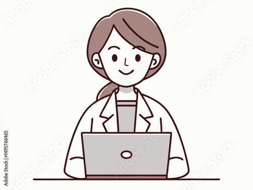Female Doctor Working on Laptop Vector Illustration on white background.
