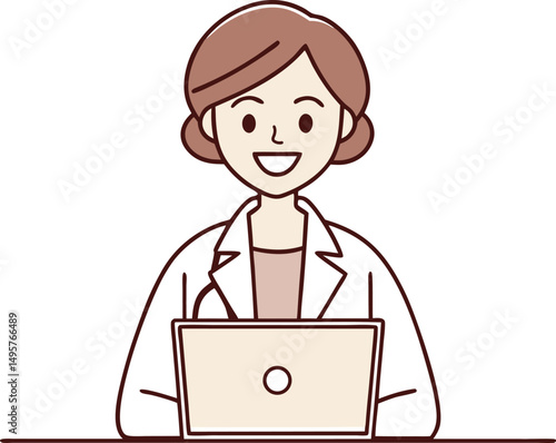 Female Doctor Working on Laptop Vector Illustration on white background.